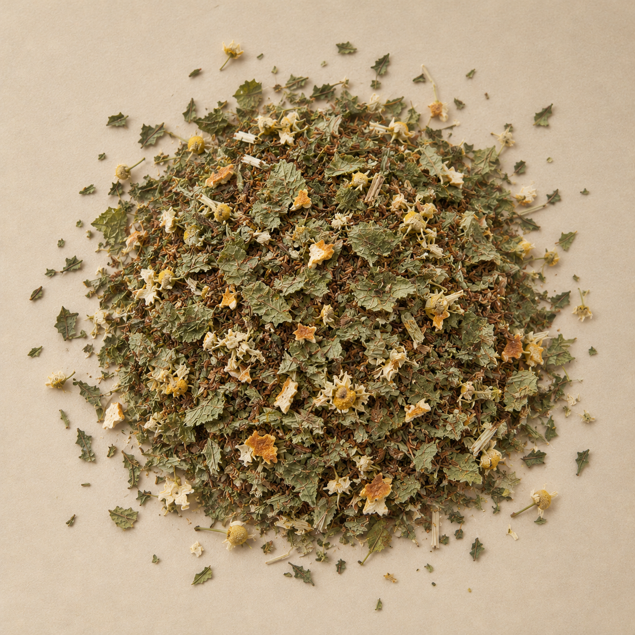 Mélisse, aubépine, rooibos, camomille et écorce d'orange en mélange
