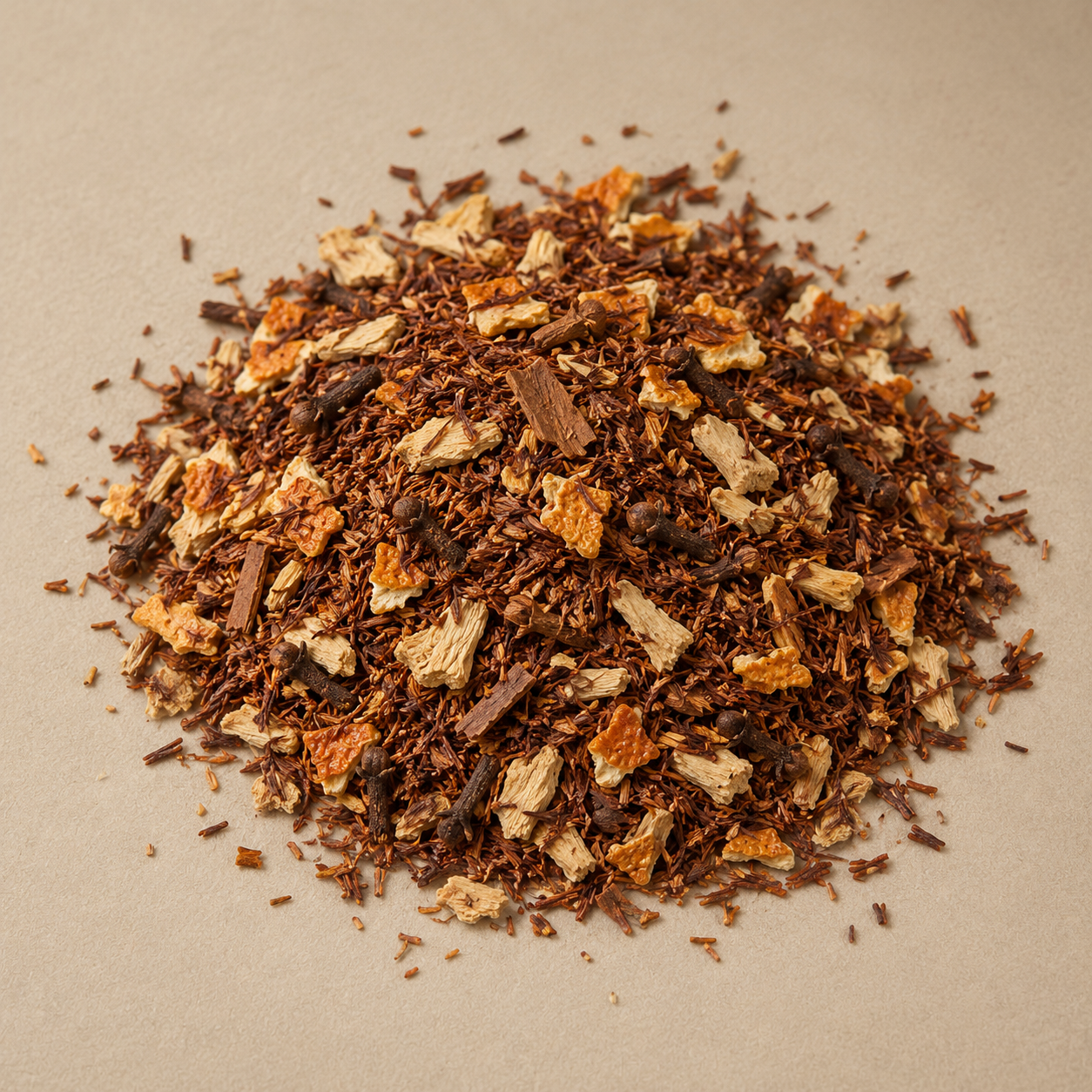 Rooibos, gingembre, écorce d'orange, cannelle et girofle en mélange