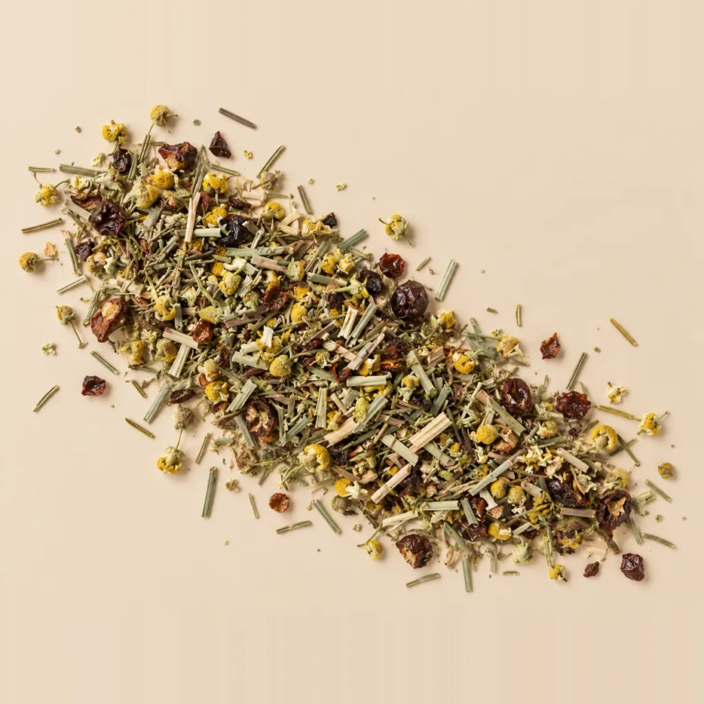Fin de table : citronnelle, cynorhodon, camomille et romarin en mélange