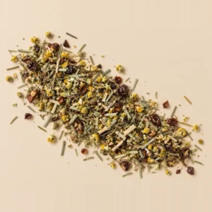 Mélange Fin de table : citronnelle, cynorhodon, camomille et romarin en vrac sur fond crème